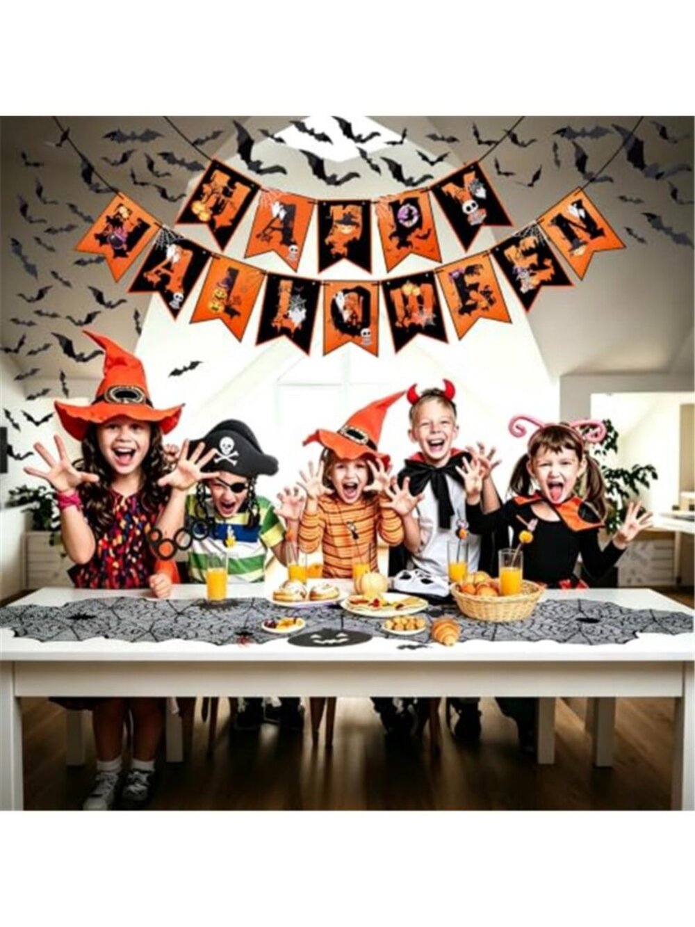 Halloween Table Runner 18 x 72 Inch Happy Halloween Banner 60pcs 3D Bats - Picture 6 of 7